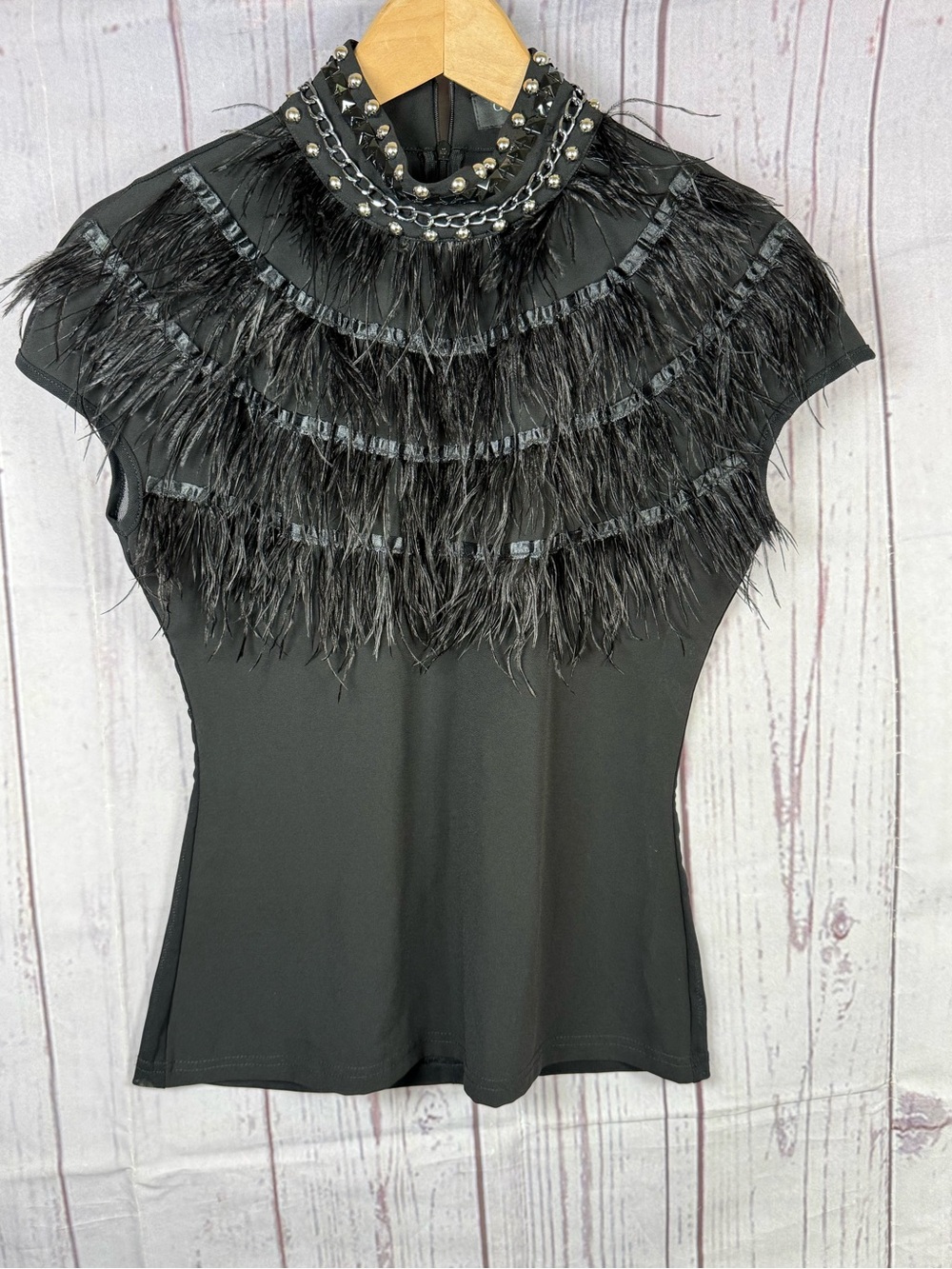 GRACIA Woman’s Top Embellished Size M
Ostrich Feather Mesh Back Goth